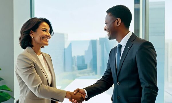Portrait of a happy couple shaking hands with a male business broker, realtor, or insurance agent, celebrating a good deal in an office setting