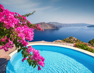 Bougainvillea flowers near swimming pool at Marmaris, Mugla, Turkiye
