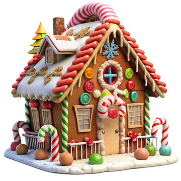 Colorful gingerbread house with candy decorations, a snowy roof, and festive holiday details, creating a magical Christmas scene.