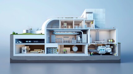 Cross-section blueprint of a mechanical underground bunker with advanced security systems, mechanical blueprint, secure building design