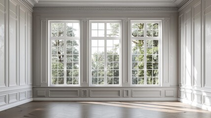 Fototapeta premium White Window. Vintage Scandinavian Living Room Interior with Classic Wooden Floors