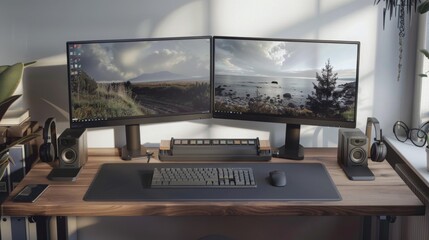 A clean, modern desk setup with dual monitors, a keyboard, mouse, and speakers. Natural light illuminates the space.