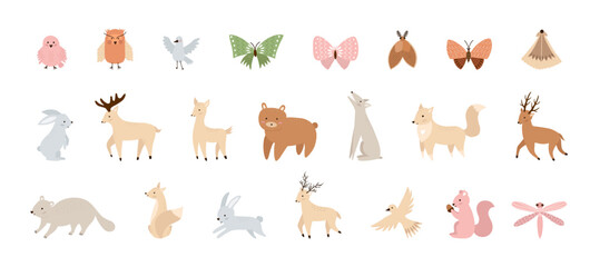 Woodland. Big set vector cartoon with wild animals, birds and insects. Cute hand drawn illustration in neutral tones with textures.
