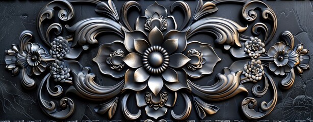 Generate a realistic template with luxurious Thai motifs in silver and black, featuring ample space for text and a refined design