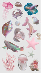 Watercolor stickers of   shells and fishes elements on a white background. Trendy watercolor isolated elements.