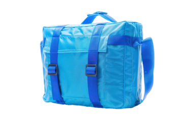A vibrant electric blue cooler bag, isolated on a transparent background, ideal for keeping items cool during summer outings and vacations