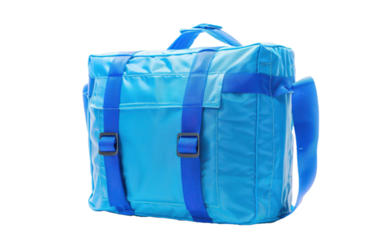 A vibrant electric blue cooler bag, isolated on a transparent background, ideal for keeping items cool during summer outings and vacations