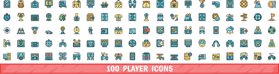 100 player icons set. Color line set of player vector icons thin line color flat on white