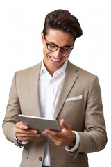 Young modern business man looking at the tablet screen while working computer glasses reading.