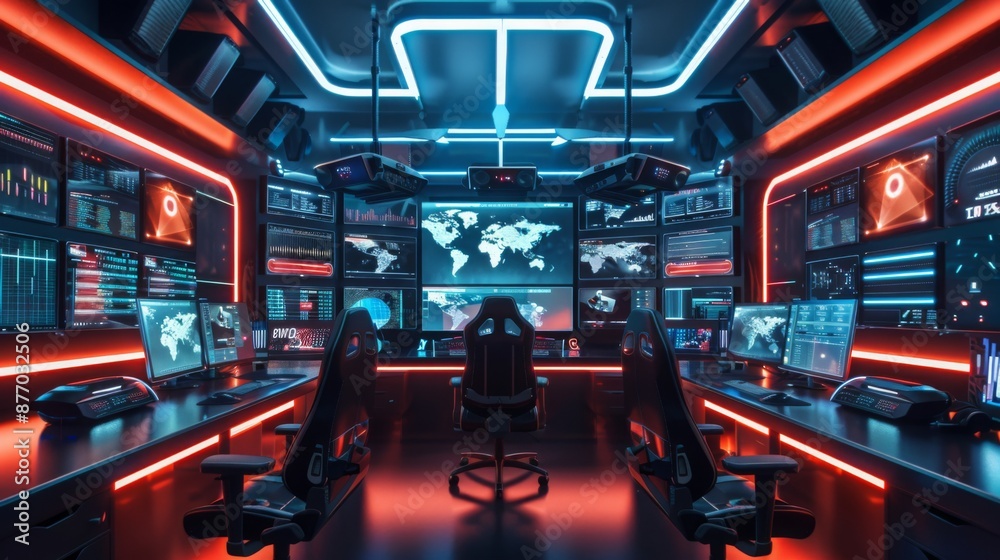 Poster A brightly lit room with several computer screens displaying data, maps, and graphs. Three gaming chairs are in the room, suggesting this is a command center.