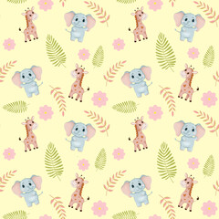 Nursery seamless pattern digital illustration with elephants and gitaffe, plants and sun on color background. Hand drawing. Perfect for kids apparel, fabric, textile, nursery decoration, wrapping