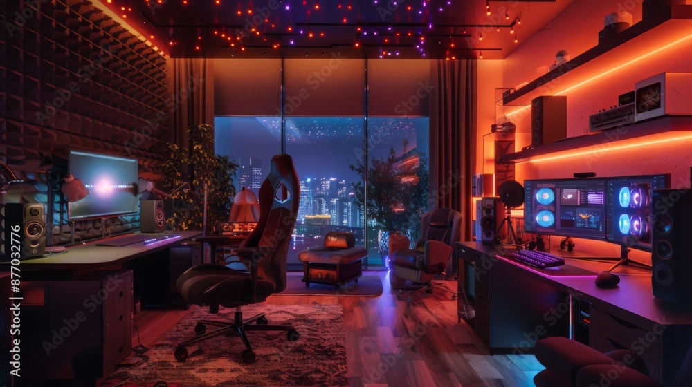 Poster a modern gaming room with a large window overlooking a city skyline at night. the room is lit with c