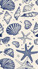 Hand-Drawn Sea Shells, Fossils, Starfish, Corals, Seaweeds, Waves Abstract Vector Seamless Pattern. Summer Beach Seaside Print. Ocean Fashion Textile Blue, White Background.