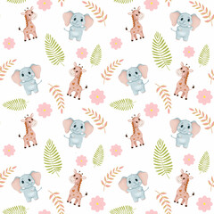 Nursery seamless pattern digital illustration with elephants and gitaffe, plants and sun on color background. Hand drawing. Perfect for kids apparel, fabric, textile, nursery decoration, wrapping
