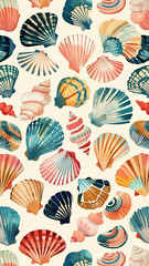 A pattern of colorful seashells, each with its own unique design and color palette, set against an ivory background. The colors include pastel pinks, blues, yellows, reds, and greens.