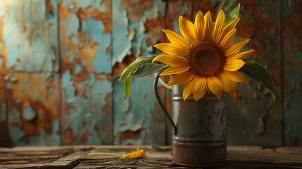 Fluffy yellow sunflower in a little milk can