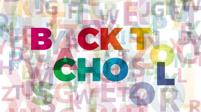 Animated abstract flying alphabet letters background with the phrase Back to school.