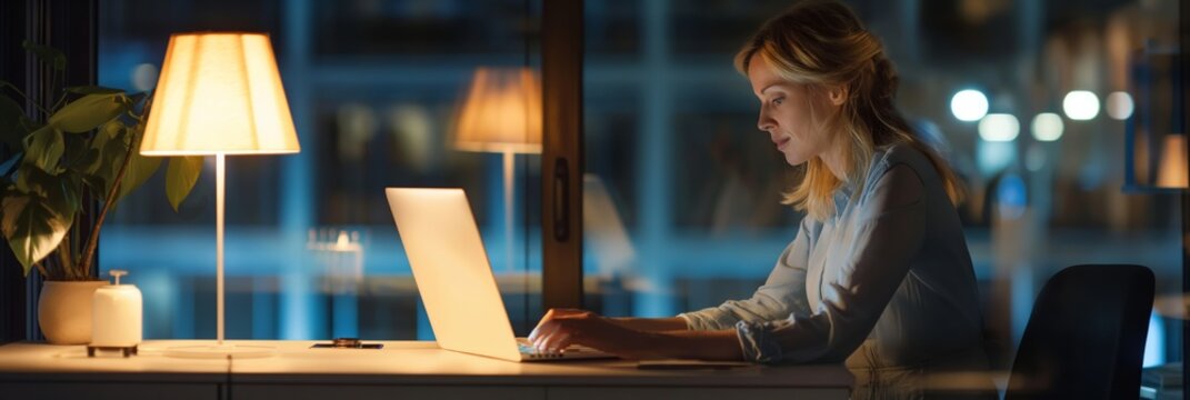 A young businesswoman working late at her office desk, using a laptop.