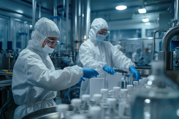 Biotechnology factory workers in hazmat suit ensuring safety during production processes.