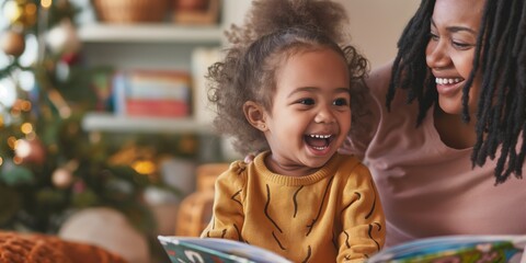 African mother and daughter bonding over reading, sharing joyful moments in their home environment.