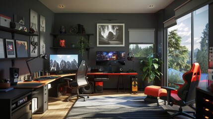 A modern gaming setup with two monitors, a large desk, a comfortable chair, and a view of nature outside a large window.
