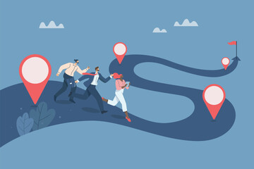 Work process or work process, Timeline to success, Roadmap, Project planning, Timeline, Progress in business, Team of business people running on a timeline, tracking and reviewing projects.