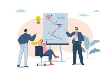 Strategic business planning, Overcoming market obstacles, Competitor analysis, Business success concept, Business team brainstorms and plans strategic plans towards success or goals on a whiteboard.