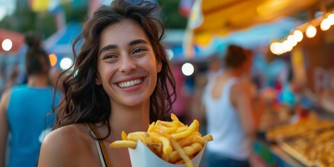 Fototapeta premium A woman at a fair laughing and eating fries from a stall, enjoying the summertime atmosphere.