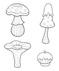 The set of mushroom icons for print. Line art style illustration.