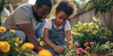 A father and daughter happily plant flowers together in a garden, enjoying a sunny day.