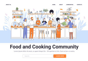 Naklejka premium Diverse group of people cooking together in a modern kitchen with shelves plants and utensils. Community culinary teamwork social activity