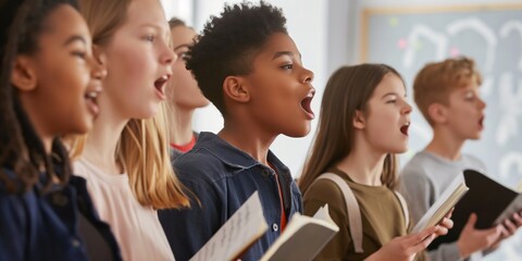 Diverse children singing together in a school choir with enthusiasm.