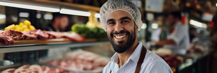 In a bustling restaurant kitchen, a chef prepares various meats with expertise and positivity.