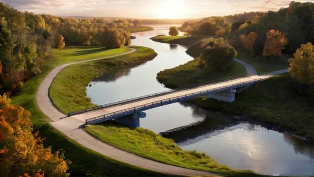 Humber River Trail and Sarenhes Bridge at dusk in Boyd Conservation Park Woodbridge, Vaughan, Canada