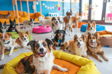 a photo dog hotel with this vibrant showcasing a group of dogs playing in a spacious indoor play area. Perfect for pet care services, travel blogs, and lifestyle publications highlighting pet-friendly