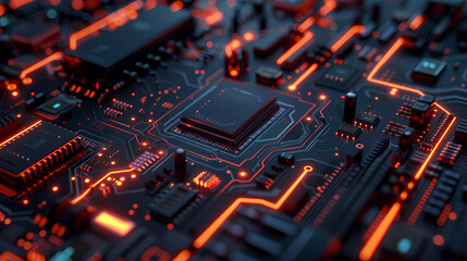 Obraz premium Close-up of a high-tech circuit board with glowing red and orange lights, highlighting intricate electronic components.
