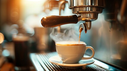 Fresh hot coffee being poured into a cup from a stainless steel in a trendy cafe