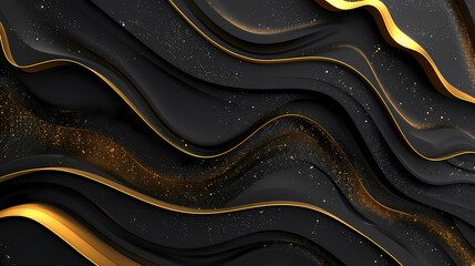 Luxurious black and gold abstract waves with speckled golden accents, creating a dynamic and elegant visual effect.