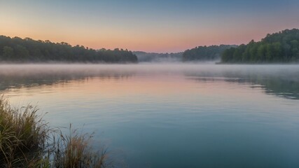 Fototapeta premium A serene lake at sunrise with mist rising off the water and the sky painted in pastel colors 