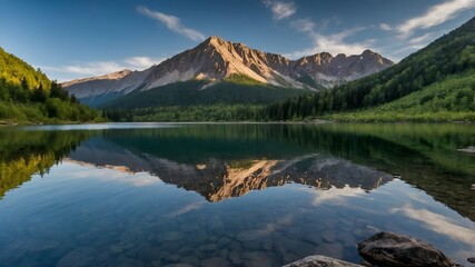 A scenic view of a mountain and a lake reflecting the mountain's image
