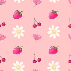 Seamless pattern fruits and flowers.packaging,paper,textile,cherries,strawberry,chamomile,pink, card,banner ,decor,food