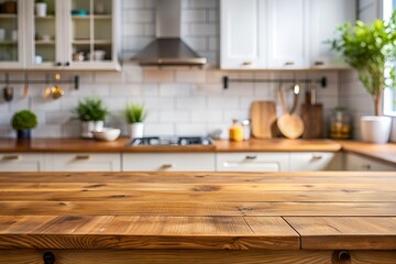 Wooden table on blurred kitchen bench background. Empty wooden table and blurred kitchen background