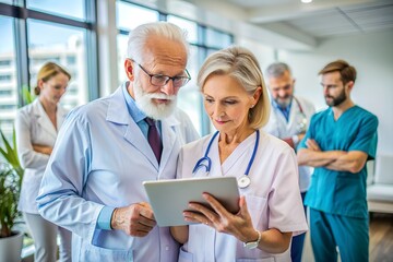Fototapeta premium doctor senior elderly woman man hospital team medical tablet health medicine healthcare meeting teamwork professional clinic office nurse