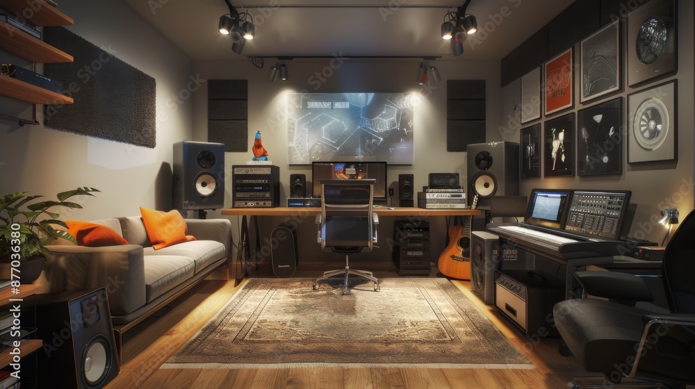 Poster a home music studio with a computer, mixing board, and instruments. there is a sofa in the corner wi