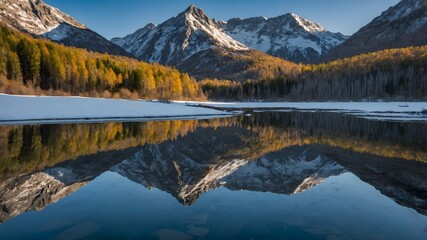 Obraz premium A scenic view of a mountain and a lake reflecting the mountain's image 