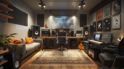 A home music studio with a computer, mixing board, and instruments. There is a sofa in the corner with orange pillows and a plant.