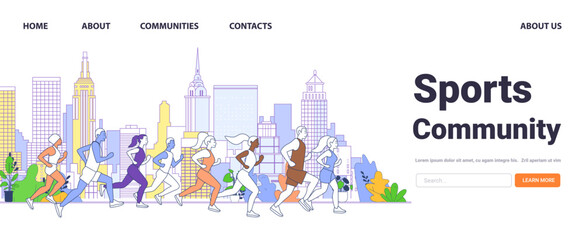 Running people in urban cityscape background colorful buildings diverse group of joggers modern skyline active lifestyle outdoor fitness community