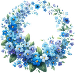 A round floral wreath with forget-me-not flowers in watercolor technique on a white background.