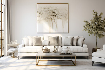 Luxury living room interior with white walls wooden floor comfortable sofa with pillows and table Mockup poster frame 
