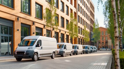 Fototapeta premium Fleet of electric vehicles leaving a corporate HQ, corporation, flow, eco-friendly transport